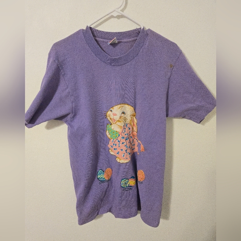 Vintage 90s Easter Bunny Rabbit Eggs Purple Hand Painted Rare Womens Large USA